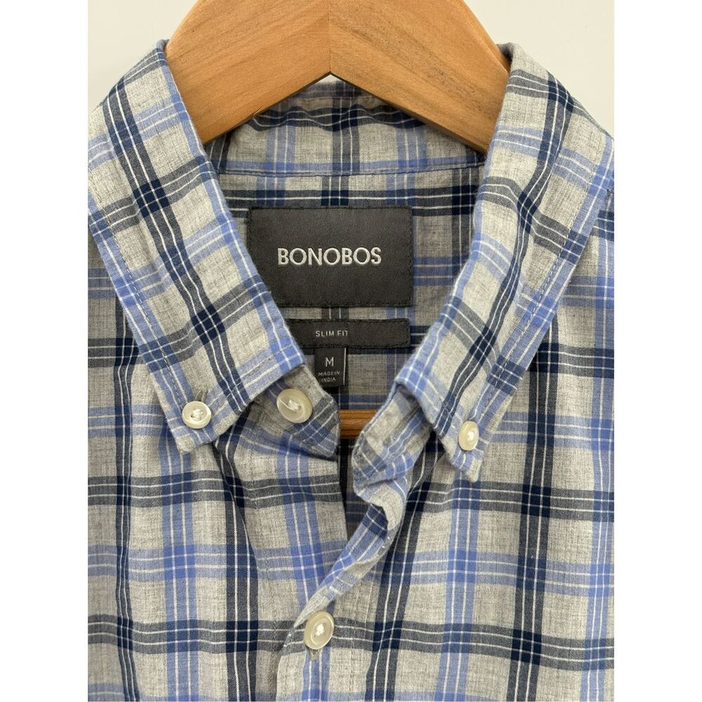 Bonobos Button Down Shirt Slim Plaid Men Medium Blue Gray Long Sleeve Flannel